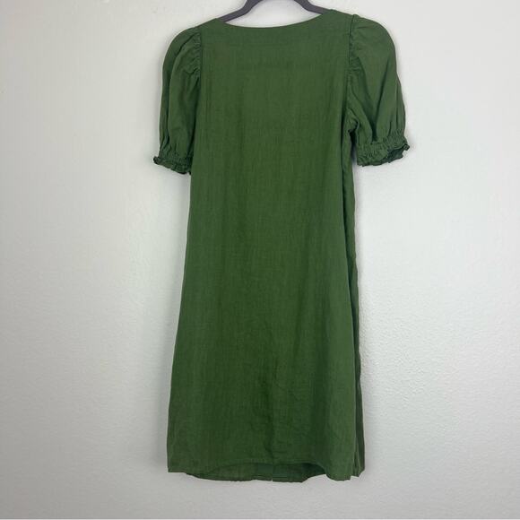 Sleeper | Brigitte 100% Linen Mini Dress Puff Sleeves Button Down Olive Green S - Picture 5 of 10
